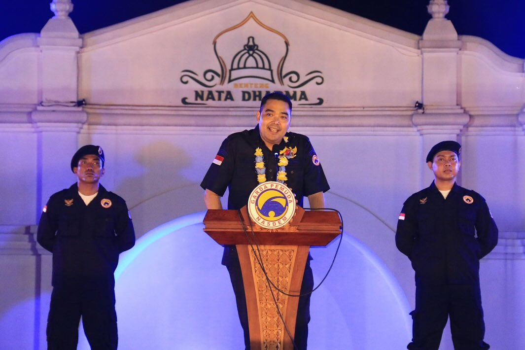 Prananda Surya Paloh saat menyampaikan kata sambutan dalam acara Rapat Pimpinan Nasional Garda Pemuda NasDem dan Pelantikan Garda Pemuda NasDem se-Provinsi DIY yang bertepatan dengan Hari Kebangkitan Nasional, Selasa (20/5/2025). Sumber foto : instagram @official_nasdem
