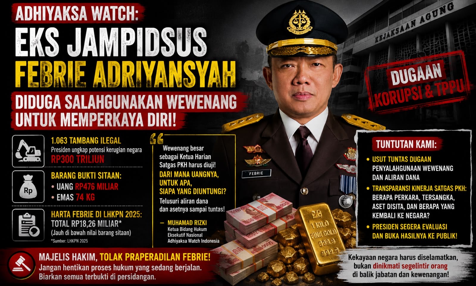 Adhiyaksa Watch Soroti Aset Rp476 Miliar dan Emas 74 Kg dalam Kasus Febrie